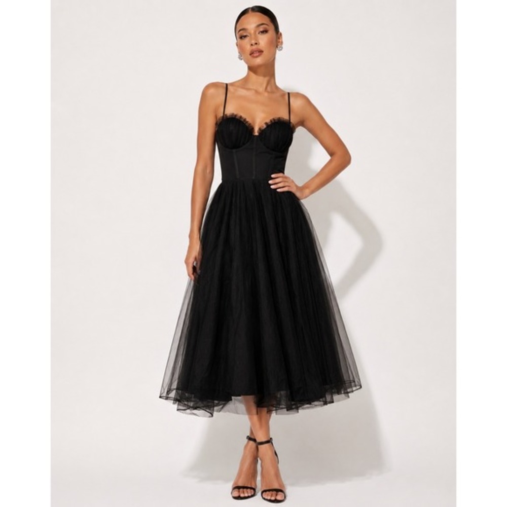 Angel Biba Black Tulle Corset Midi Dress Sweetheart Neckline NWT Small NWT